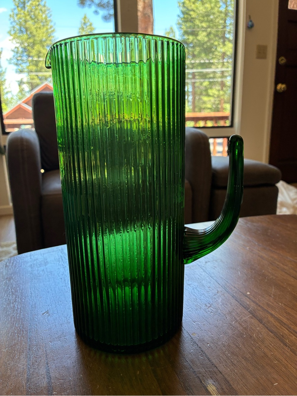 Green Glass Cactus Pitcher / Vase | Ribbed Emerald Glass Decor